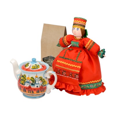 Подарочный набор «Кремлевский»: кукла на чайник, чайник заварной с росписью, чай травяной